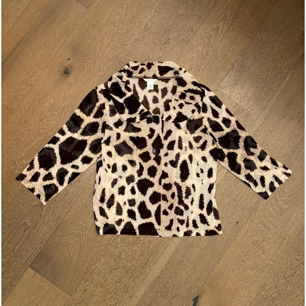Laura Ashley Leopard Animal Print Peter Pan Collar Blouse 3/4 Sleeve Brown Tan M